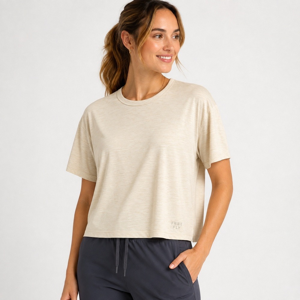 Free Fly Elevate Lightweight Tee Womens L Heather Birch Cream UPF 25 Performance